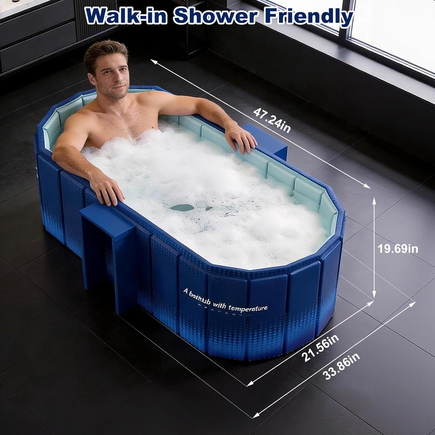 Portable Bathtub for Adult 47" Large Collapsible Cold Plunge Bathtub Foldable No Installation Ice Bath Tub for Shower Stall, Bathroom Hot SPA Soaking Standing Tub