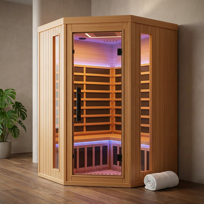 Multifunctional 2-3 Person Infrared Sauna for Home, 2180W Indoor Sauna with 7-Color LED Ambient Light, Red Light Feature, Oxygen Bar, Dual Bluetooth Speakers, 360° Surround Heating — Studio Shot
